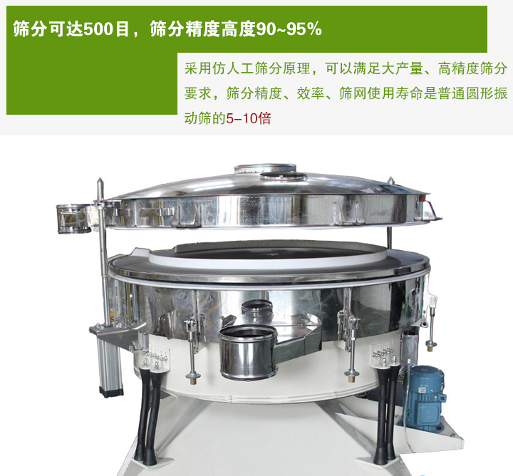 搖擺篩分機(jī)采用仿人工篩分原理，可以滿(mǎn)足大產(chǎn)量、高精度篩分 要求，篩分精度、效率、篩網(wǎng)使用壽命是普通圓形振 動(dòng)篩的5-10倍